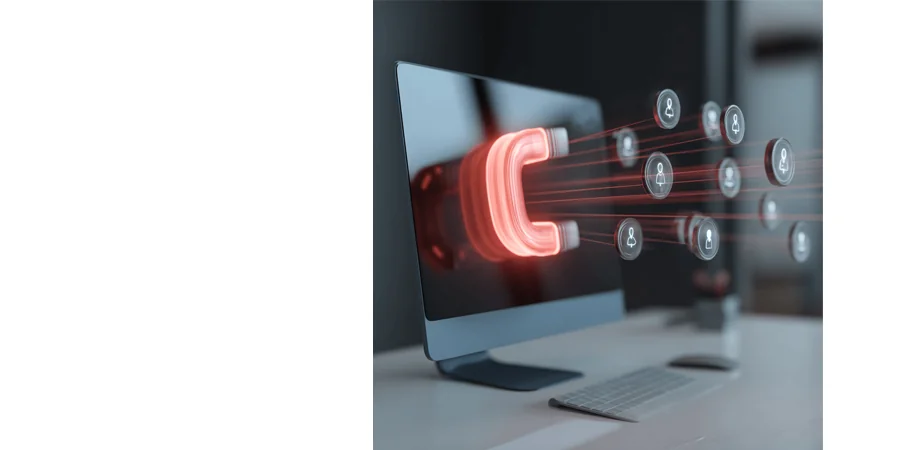 Illustrazione di un magnete che attira icone di contatti verso uno schermo, a rappresentare la raccolta automatica dei contatti clienti