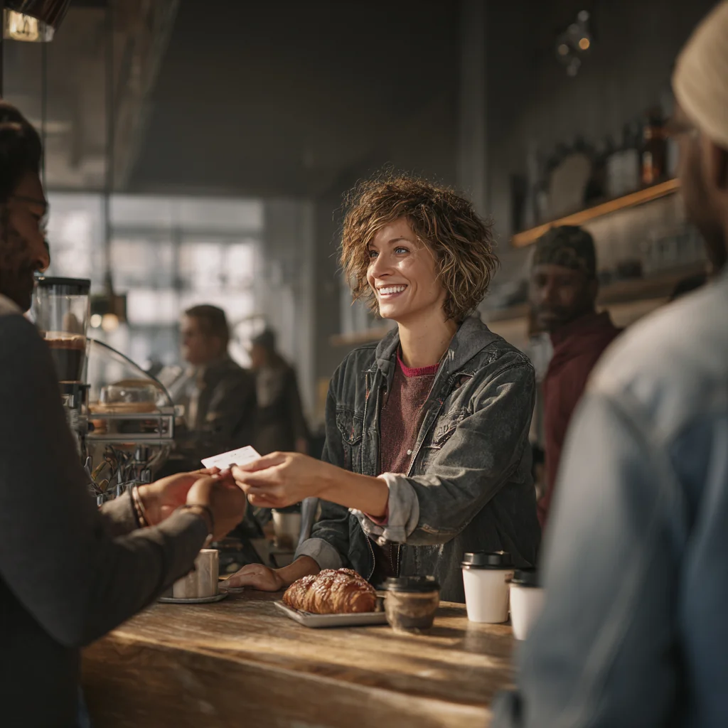 Cliente che consegna una carta fedeltà al banco di un bar davanti a cornetti e caffè