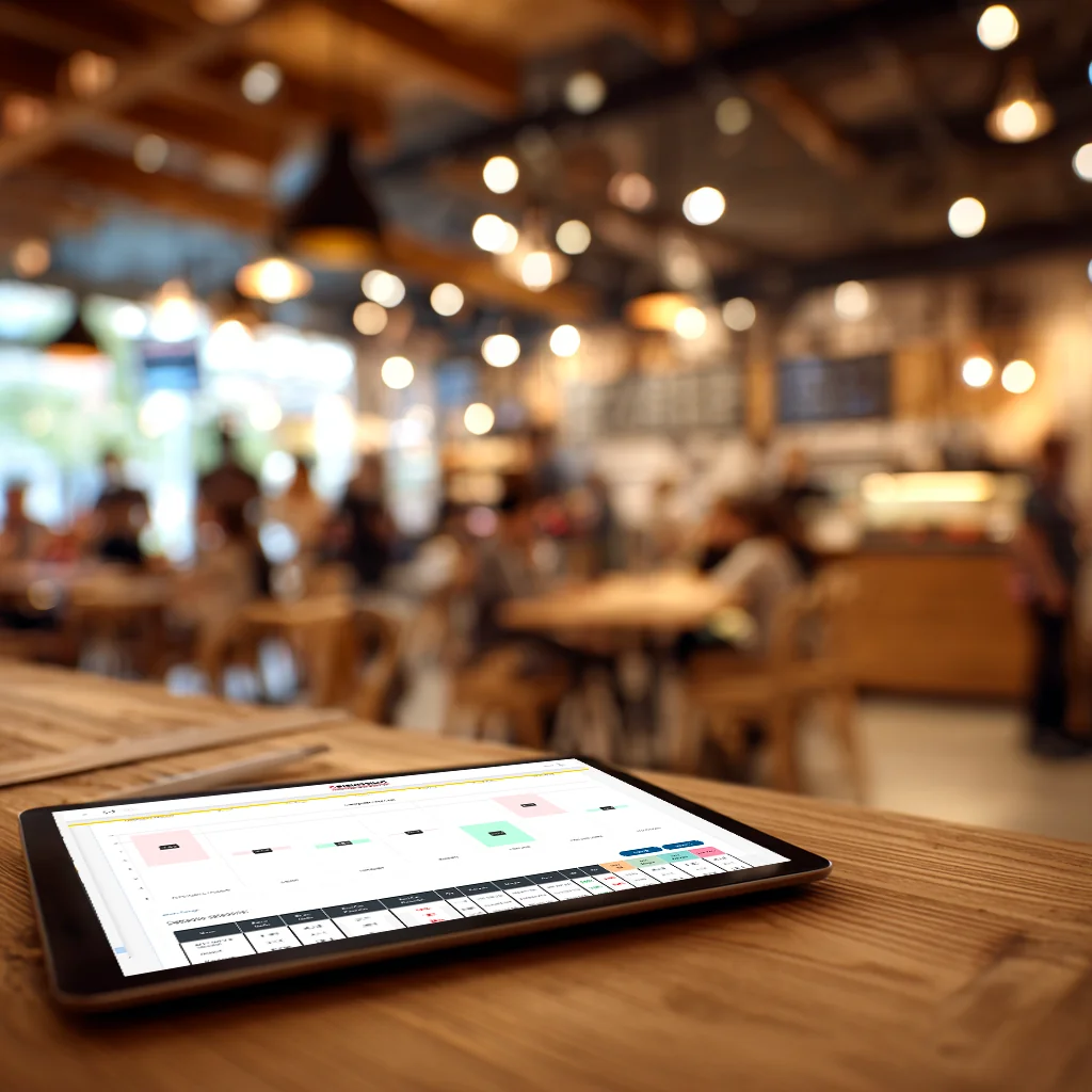 Tablet con il pannello gestionale aperto su un tavolo all'interno di una pizzeria