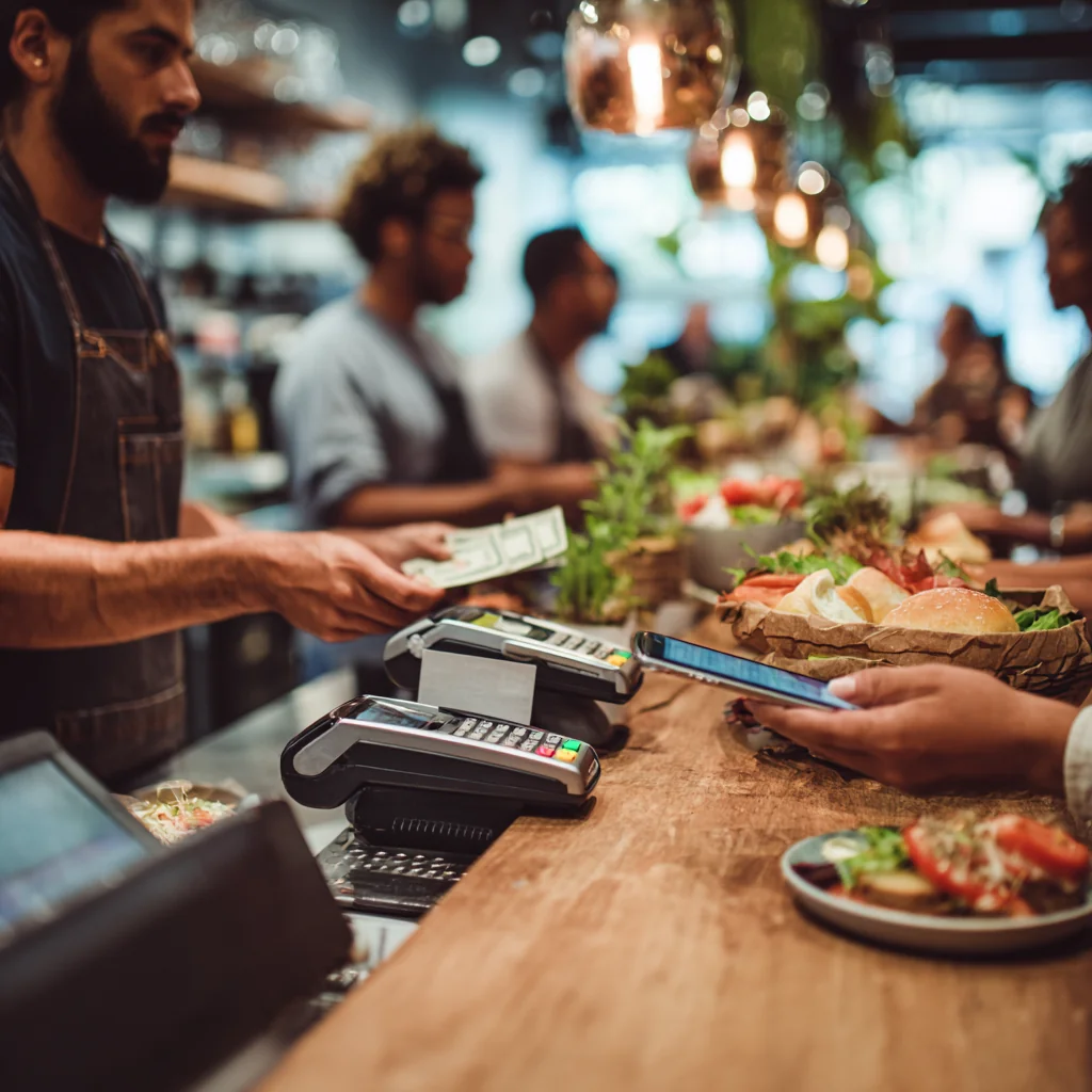 Pagamento contactless al bancone con POS e smartphone, con piatti pronti per il servizio