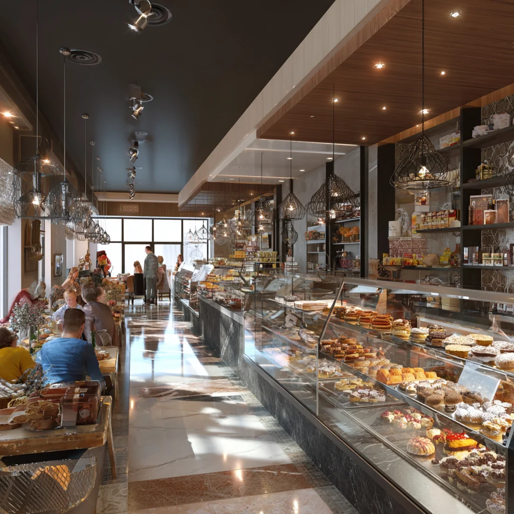 Banco vetrina di una pasticceria con dolci in esposizione e clienti in fila