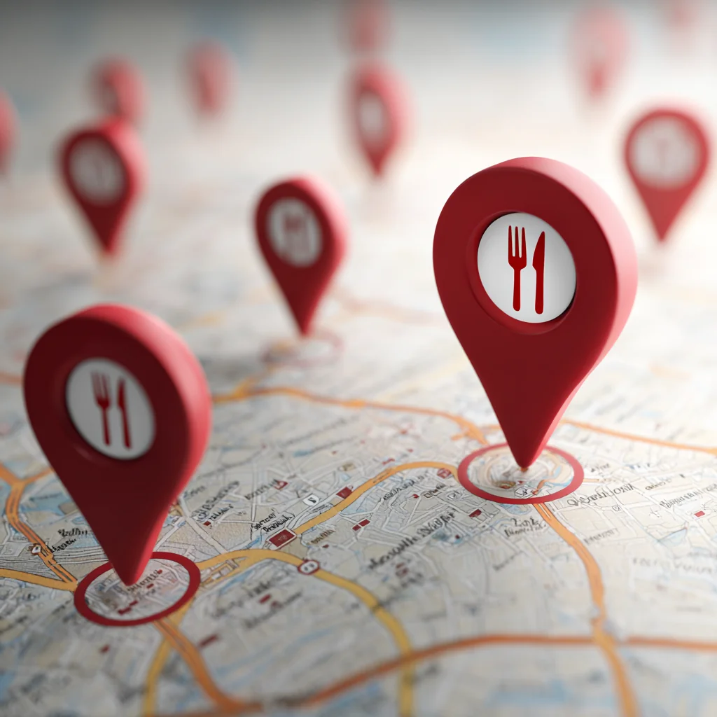 Segnaposto a forma di pin su una mappa che indicano diversi punti vendita di ristorazione