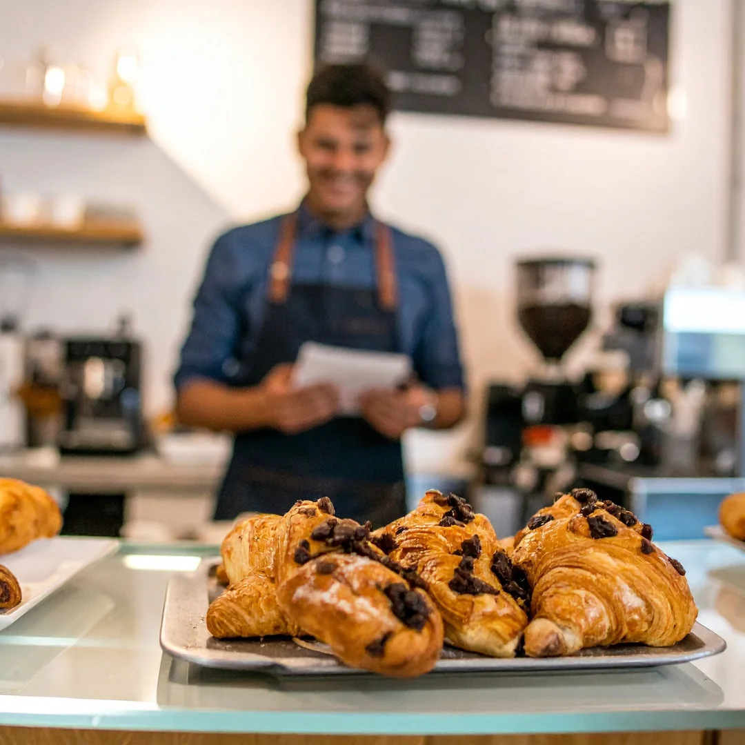 Vassoio di croissant al cioccolato in esposizione al bancone di un bar