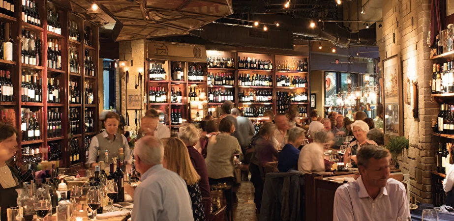 Wine bar affollato di clienti con pareti di scaffali pieni di bottiglie di vino