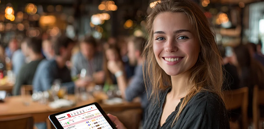 Cameriera sorridente in sala che consulta l'agenda delle prenotazioni Vyxora su tablet