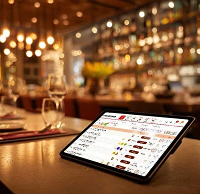 Tablet su un tavolo del locale con l'elenco delle prenotazioni del giorno nel gestionale Vyxora