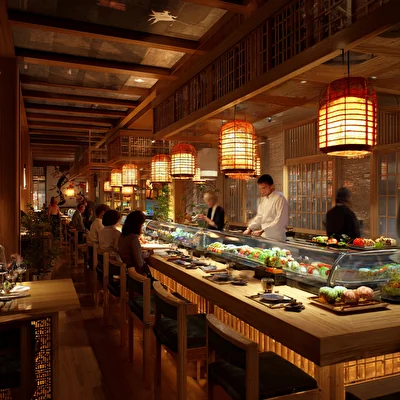 Interno di un ristorante giapponese con bancone sushi, lanterne e chef al lavoro davanti ai clienti