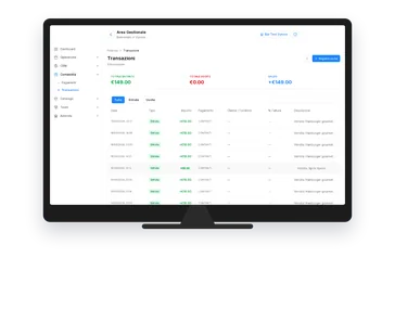 Monitor con la schermata Transazioni di Vyxora, che mostra incassi e movimenti finanziari del locale in tempo reale