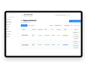 Schermata del gestionale Vyxora con l'elenco degli appuntamenti del giorno, cliente, operatore e stato prenotazione