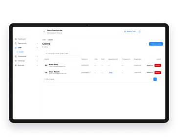 Schermata del gestionale Vyxora con l'elenco clienti e i relativi dati di contatto