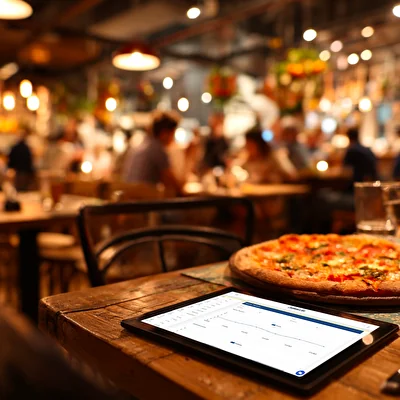 Tablet con il pannello statistiche del gestionale Vyxora acceso su un tavolo del locale