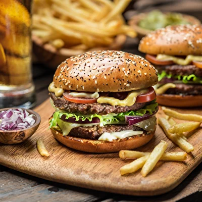Due hamburger gourmet con patatine fritte e birra su un tagliere di legno