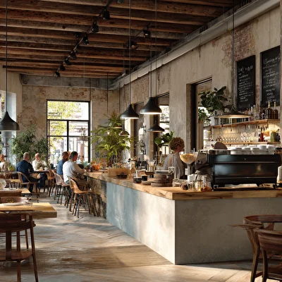 Interno di un bar moderno con bancone in legno, macchina del caffè e clienti seduti ai tavoli