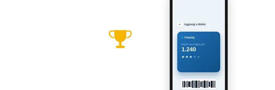 Trofeo che simboleggia i premi fedeltà, accanto alla carta punti digitale Vyxora nel wallet dello smartphone