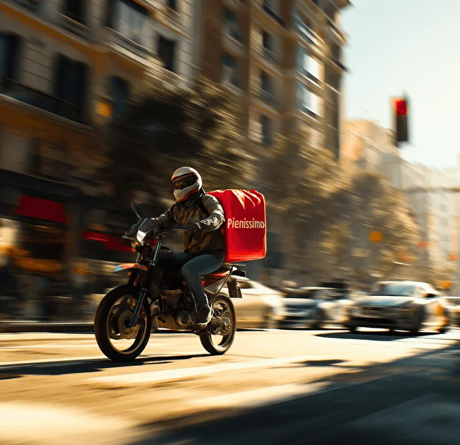 Rider in moto con una borsa termica rossa per le consegne a domicilio, in corsa per le strade della città