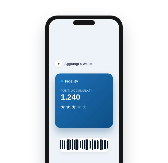 Smartphone con la carta fedeltà digitale Vyxora nel wallet, con punti accumulati, valutazione a stelle e codice a barre