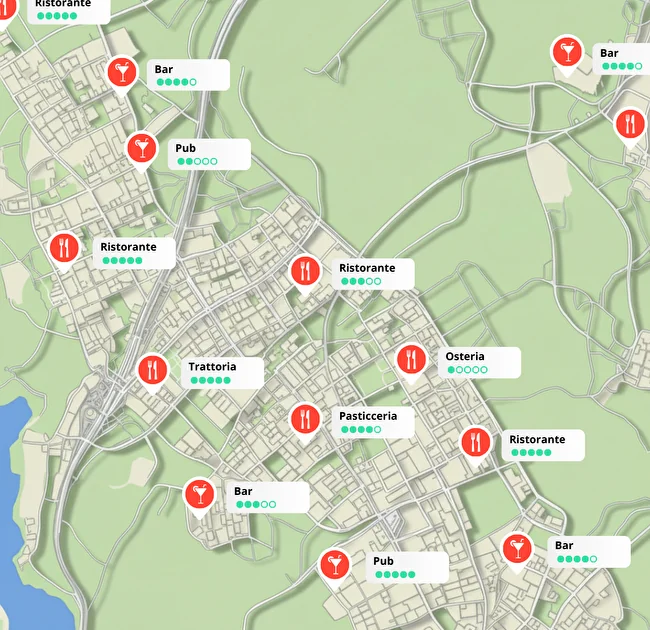 Mappa con locali della zona — ristoranti, bar, pub, trattorie — e le rispettive valutazioni a stelle sui portali