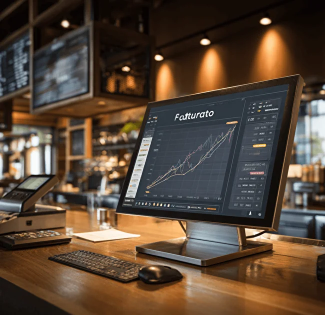 Monitor al banco di un locale che mostra un grafico del fatturato in crescita sulla dashboard Vyxora