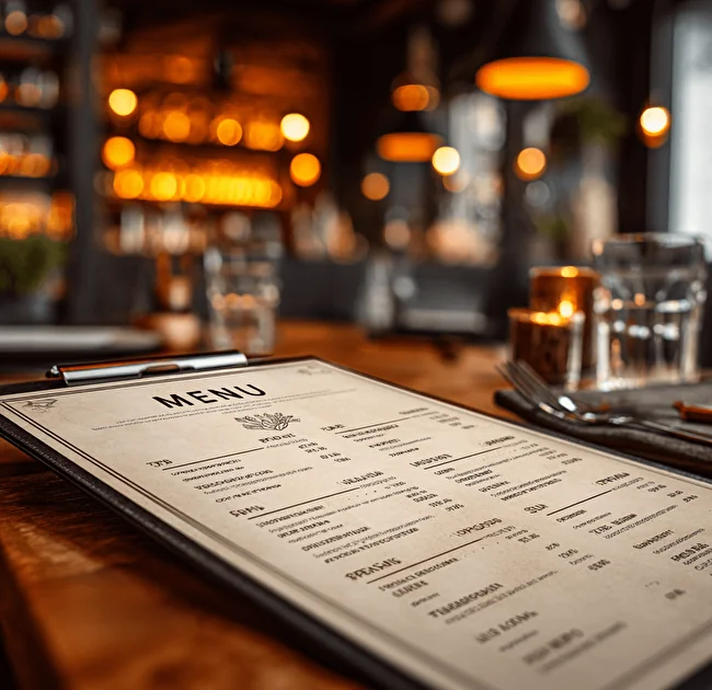 Menu cartaceo su carta pregiata appoggiato su un tavolo da ristorante, con luci calde sullo sfondo