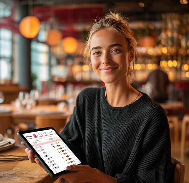Donna sorridente in un ristorante che mostra su un tablet l'elenco delle prenotazioni del giorno organizzato per fasce orarie