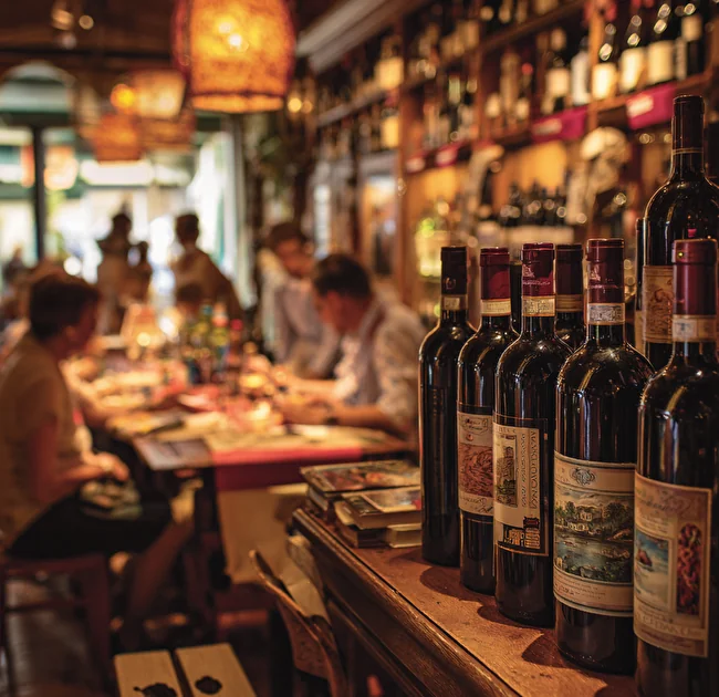 Interno di un'enoteca con bottiglie di vino rosso in primo piano, scaffali pieni e clienti seduti sullo sfondo