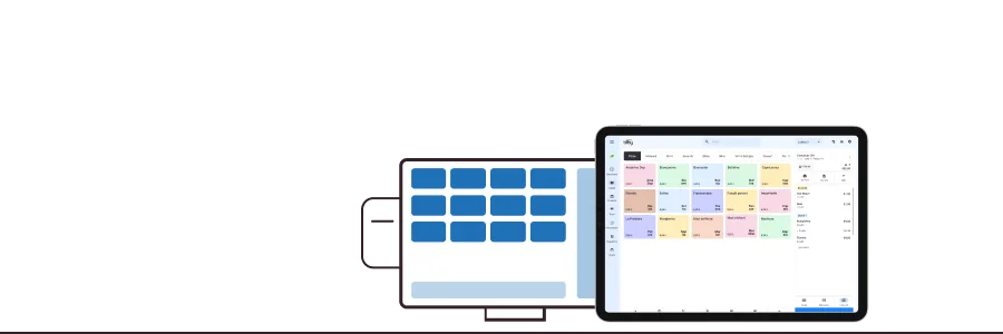 Illustrazione di un POS e di un tablet con la dashboard Vyxora che centralizza prenotazioni, ordini e vendite