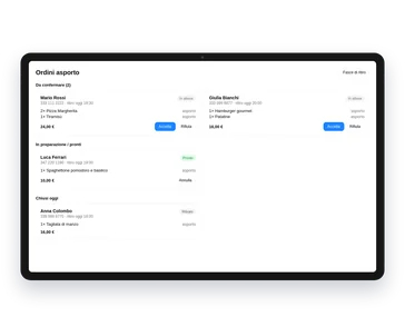 Tablet con la dashboard degli ordini asporto Vyxora: elenco ordini dei clienti con dettagli e pulsanti per accettare o rifiutare