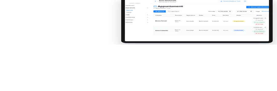 Interfaccia dell'agenda digitale Vyxora su tablet con l'elenco degli appuntamenti e il loro stato