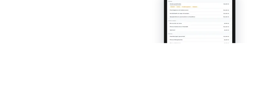 Interfaccia del menu digitale Vyxora con le sezioni pranzo e cena e i piatti disponibili elencati con i prezzi